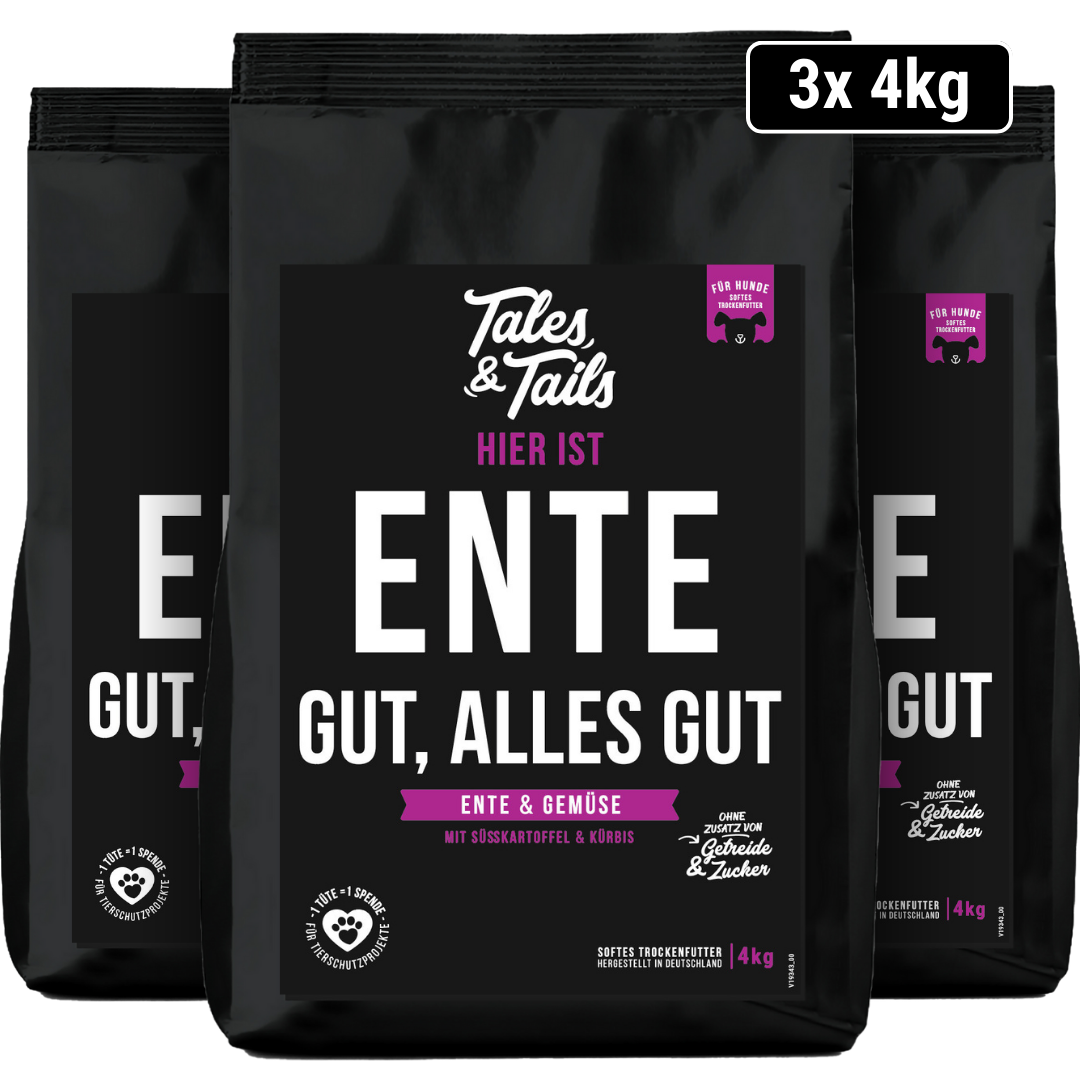 "Ente gut, alles gut" - softes Trockenfutter mit 70% Ente - 3 x 4kg