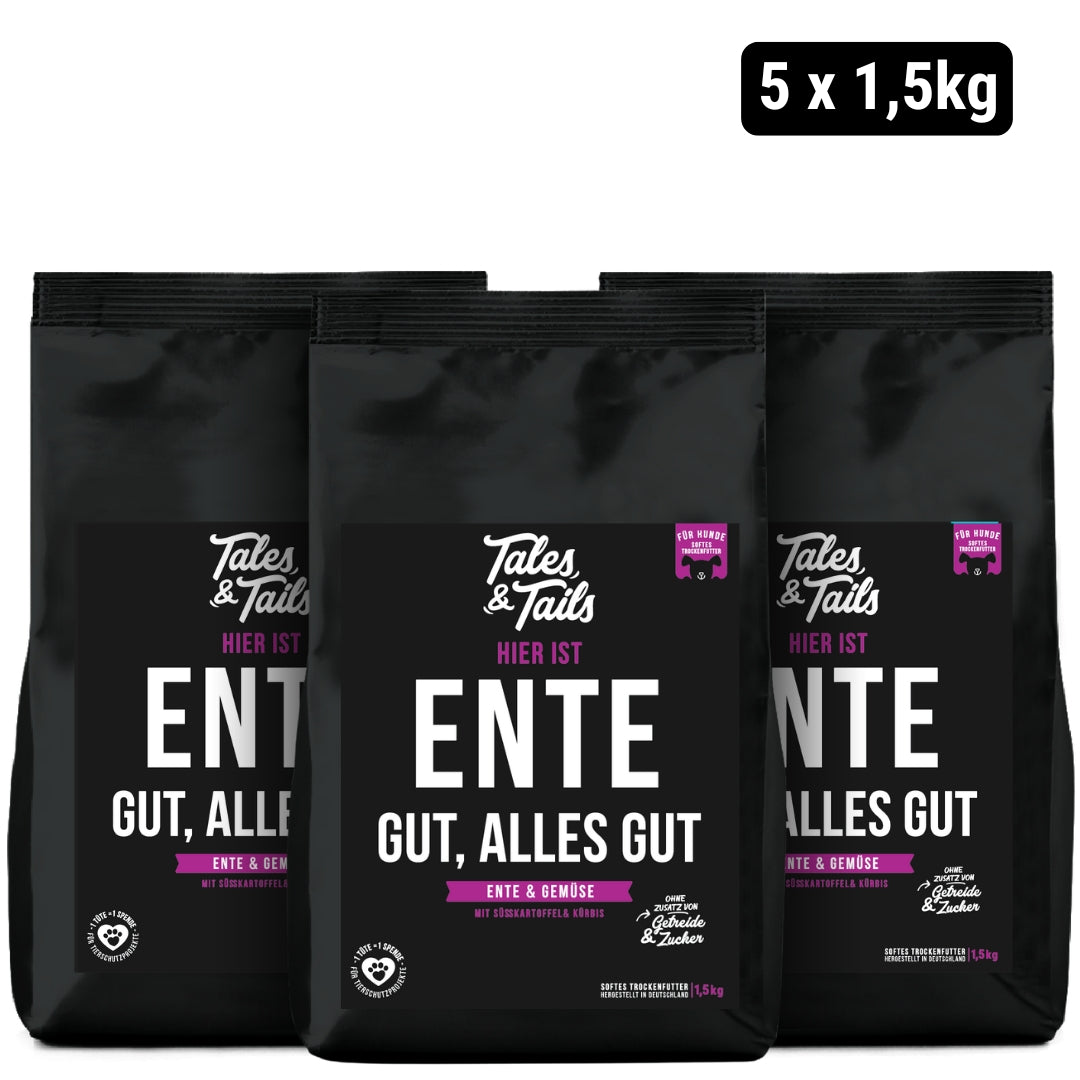 "Ente gut, alles gut" - softes Trockenfutter mit 70% Ente - 5 x 1,5kg
